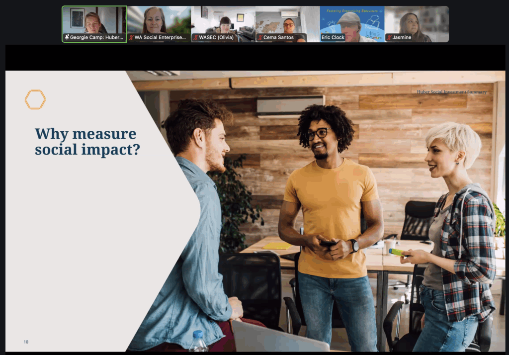 Screengrab of Zoom presentation with small images of some of the participants at the top. The screen showing is titled Why do we measure impact?